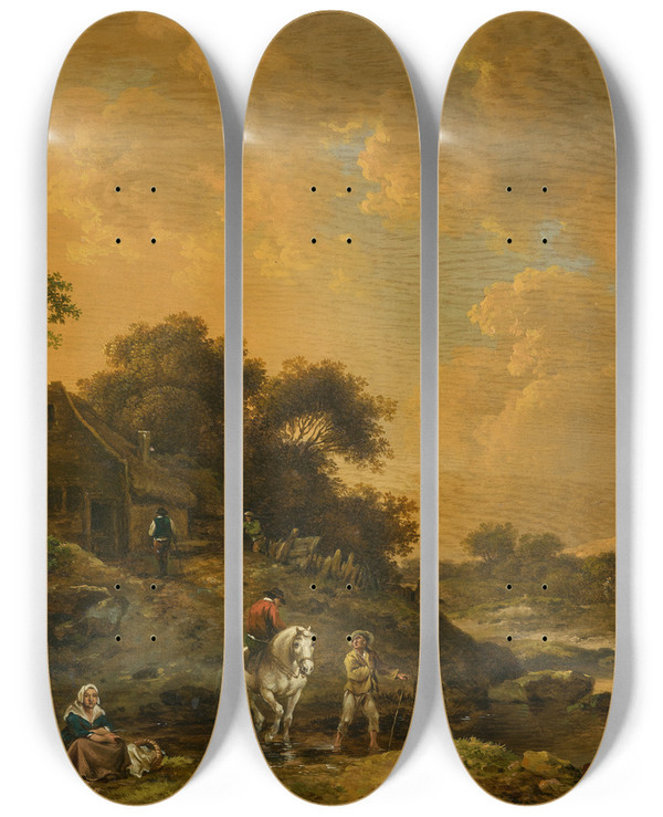 Triptych art skateboard deck of Ferdinand Kobell Evening Landscape by Ferdinand Kobell (1740-1799)