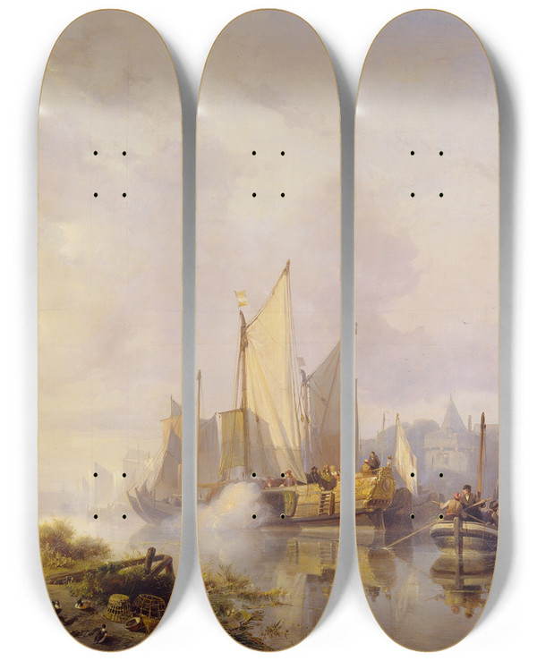 Triptych art skateboard deck of Wijnand Nuijen River Scene by Wijnand Nuijen (1813-1839)