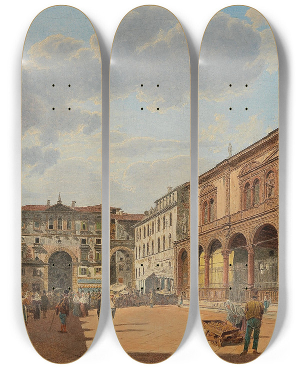 Triptych art skateboard deck of Jakob Alt Verona A View Of Piazza Delle Erbe by Jakob Alt (1789-1872)