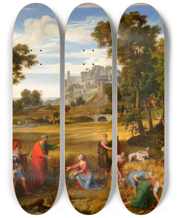 Triptych art skateboard deck of Joseph Anton Koch Landscape With Ruth And Boaz by Joseph Anton Koch (1768-1839)