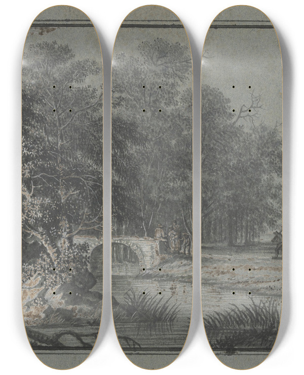 Triptych art skateboard deck of Johann Caspar Zehender Wald Mit Wasser Und Einer Brcke Dabei Mehrere Figuren by Johann Caspar Zehender (1742-1805)