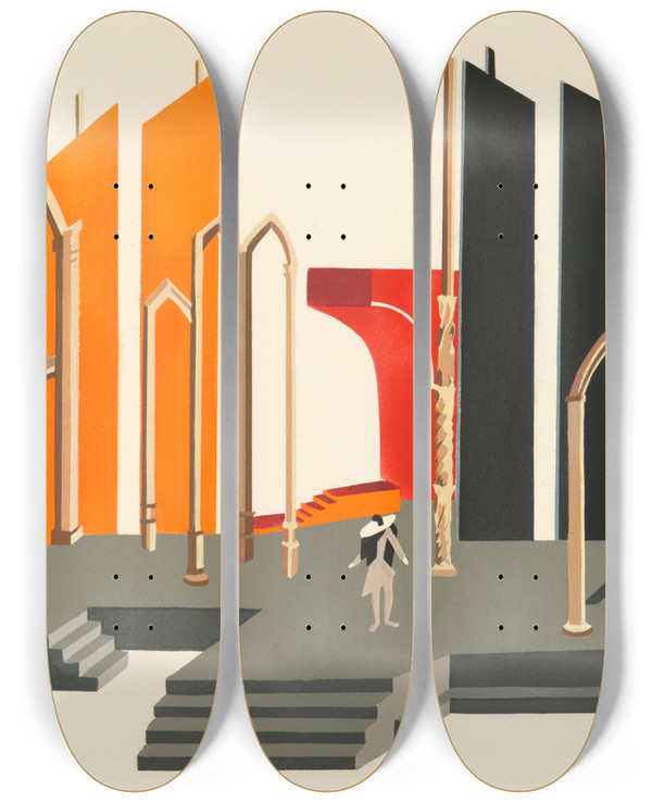 Triptych art skateboard deck of Alexandra Exter Maquettes De Thatre 2 by Alexandra Exter (1882-1949)