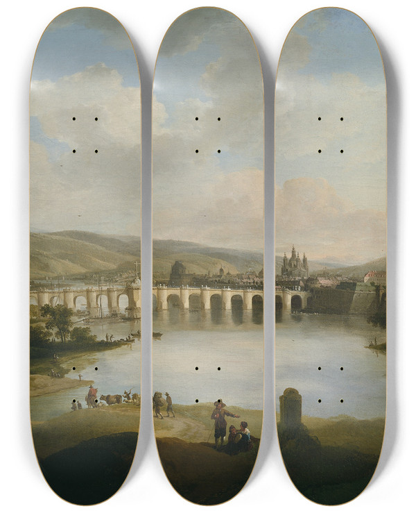Triptych art skateboard deck of Christian Wilhelm Ernst Dietrich View Of A Town by Christian Wilhelm Ernst Dietrich (1712-1774)