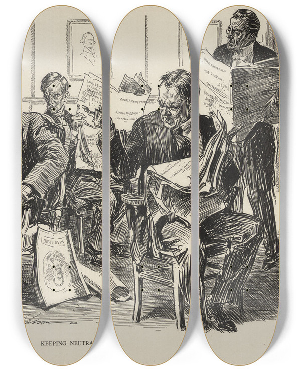 Triptych art skateboard deck of Charles Dana Gibson Keeping Neutral by Charles Dana Gibson (1867-1944)