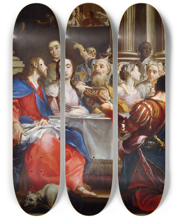 Triptych art skateboard deck of Giuseppe Maria Crespi The Wedding At Cana by Giuseppe Maria Crespi (1665-1747)