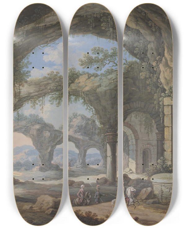 Triptych art skateboard deck of Carl Sebastian Von Bemmel Inneres Einer Sulengesttzten Grotte Darin In Einer Nische Eine Groe Vase by Carl Sebastian Von Bemmel