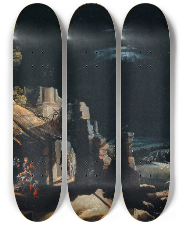 Triptych art skateboard deck of Frederik Van Valckenborch The Adoration Of The Shepherds by Frederik Van Valckenborch (1566-1623)