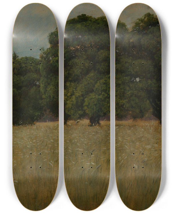 Triptych art skateboard deck of Hans Thoma Kornfeld Mit Laubbumen by Hans Thoma (1839-1924)