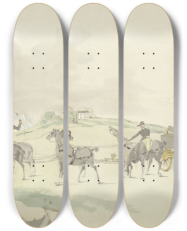 Triptych art skateboard deck of Pieter Van Loon Reiskoets In Een Berglandschap by Pieter Van Loon (1801-1873)