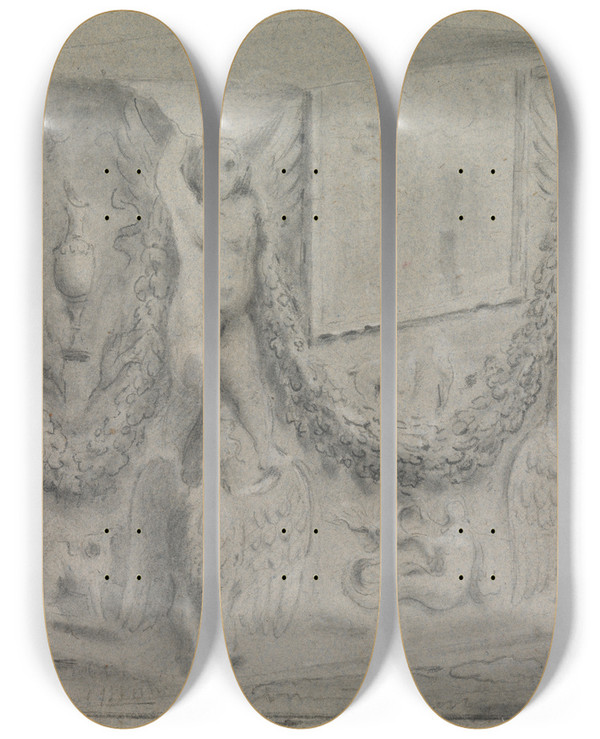 Triptych art skateboard deck of Richard Wilson Sculpted Plinth In The Villa Medici by Richard Wilson (1714-1782)