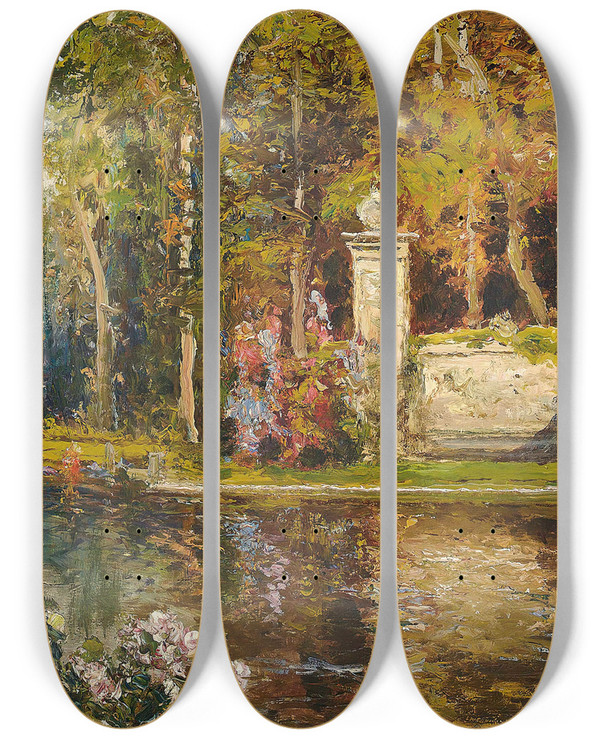 Triptych art skateboard deck of Thomas Edwin Mostyn At The Waters Edge by Thomas Edwin Mostyn (1864-1930)