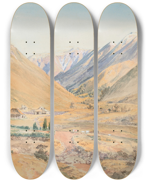 Triptych art skateboard deck of Nicholas Chevalier Station Benmore Near Porters Pass by Nicholas Chevalier (1828-1902)