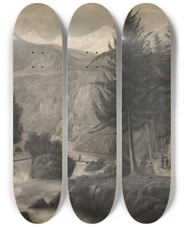 Triptych art skateboard deck of Isaac Weld On The Zwcilutzen Near Interlaken by Isaac Weld (1774-1856)