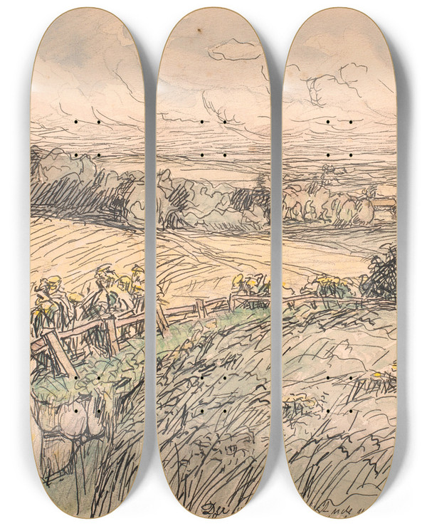 Triptych art skateboard deck of Fritz Syberg Der Var Saa Dejligt Ude Paa Landet by Fritz Syberg (1862-1939)