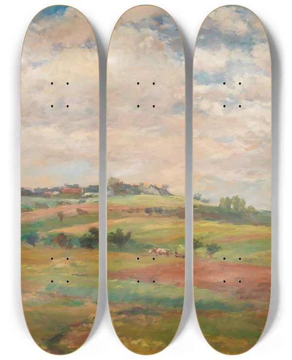 Triptych art skateboard deck of Antonn Slavek Follower Pasture Landscape In The Summer Light by Antonin Slavicek (1870-1910)