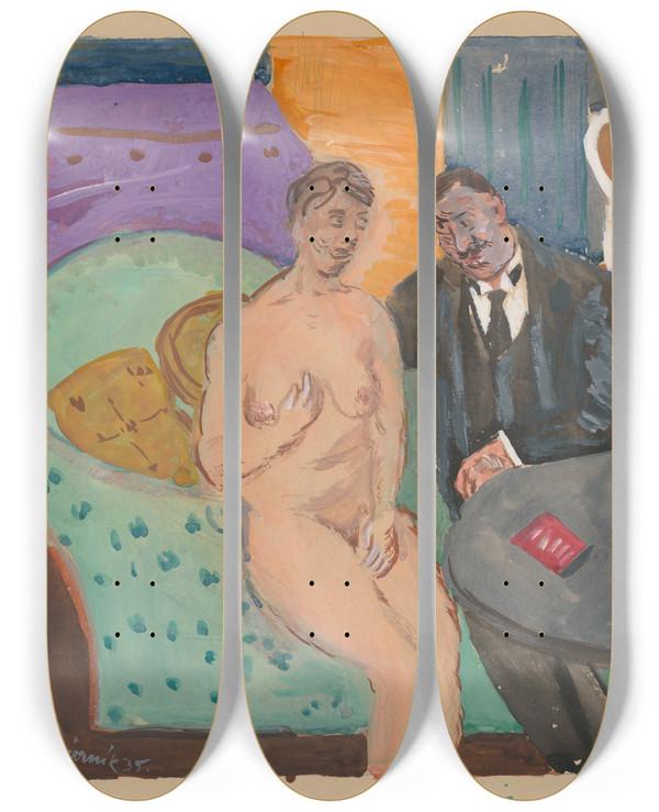 Triptych art skateboard deck of Cyprin Majernk On A Sofa by Cyprian Majernik (1909-1945)