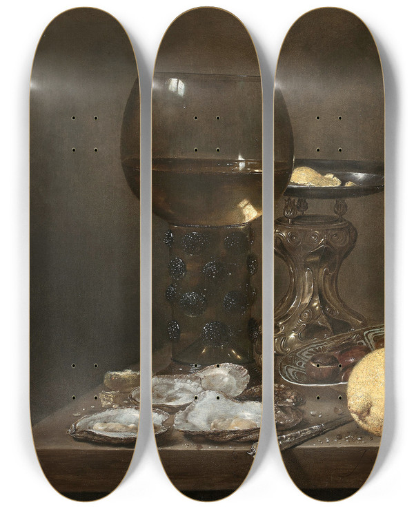 Triptych art skateboard deck of Jan Jansz Van De Velde Iii Still Life by Jan Jansz. van De Velde III (1620-1662)