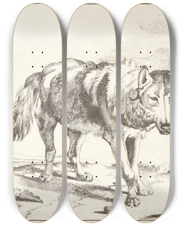 Triptych art skateboard deck of Marcus De Bye Stende Ulv Vendt Trekvart Mod Hjre by Marcus de Bye (1638-1688)
