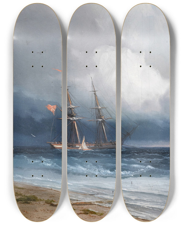 Triptych art skateboard deck of Ivan Konstantinovich Aivazovsky Ship By The Shore by Ivan Konstantinovich Aivazovsky (1817-1900)