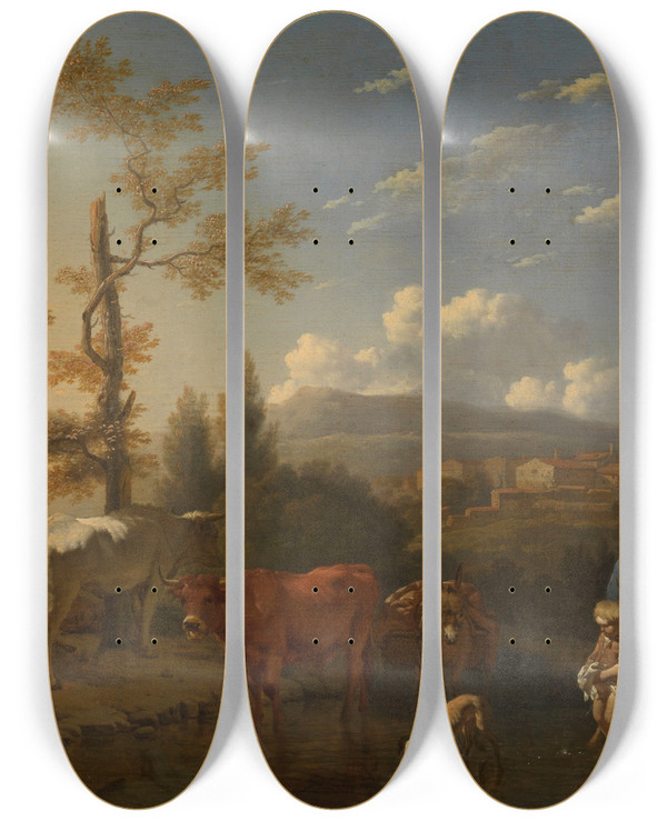 Triptych art skateboard deck of Karel Dujardin Italian Landscape by Karel Dujardin (1622-1678)