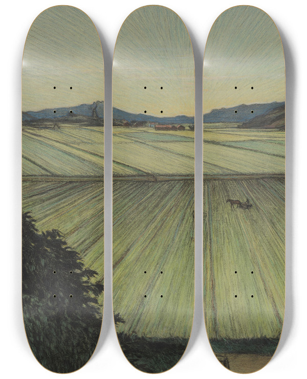 Triptych art skateboard deck of Karl Nordstrm Landscape With Fields by Karl Nordstrom (1855-1923)