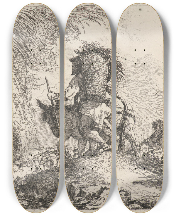 Triptych art skateboard deck of Giovanni Domenico Tiepolo The Flight Joseph At Right And Mary And Angel At Left by Giovanni Domenico Tiepolo (1727-1804)