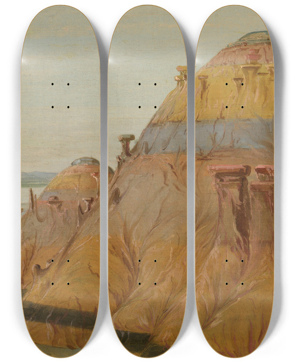 Triptych art skateboard deck of George Catlin Picturesque Clay Bluff 1700 Miles Above St Louis by George Catlin (1796-1872)
