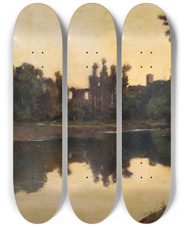 Triptych art skateboard deck of Cesare Viazzi Paesaggio Autunnale Sullorba by Cesare Viazzi (1857-1943)