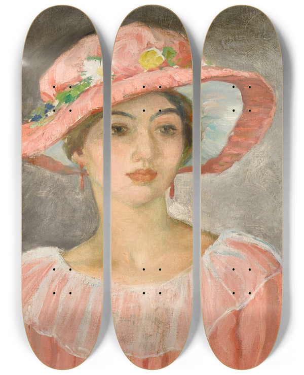 Triptych art skateboard deck of Henri Lebasque Le Chapeau Rose by Henri Lebasque (1865-1937)
