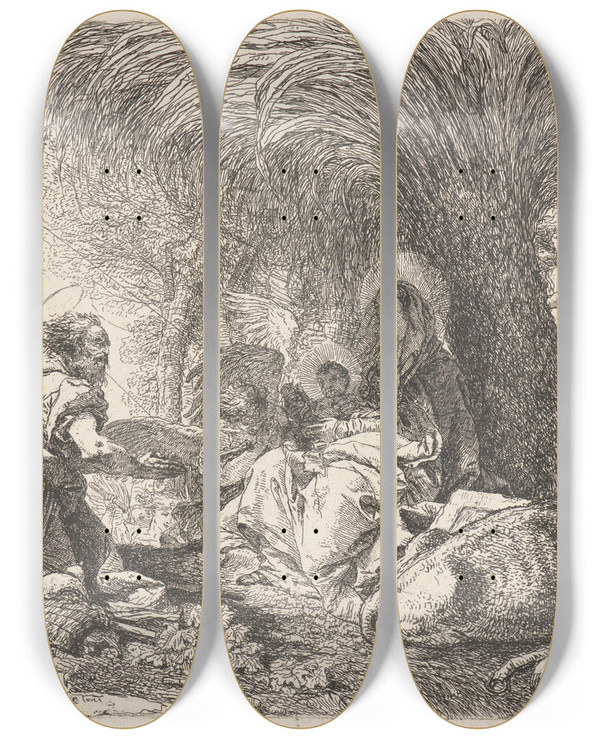 Triptych art skateboard deck of Giovanni Domenico Tiepolo The Rest On The Flight With Joseph In Adoration by Giovanni Domenico Tiepolo (1727-1804)