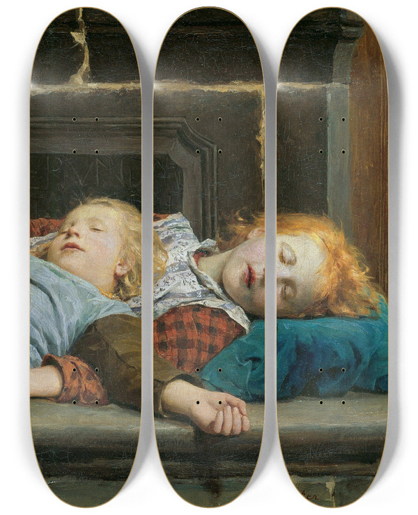 Triptych art skateboard deck of Albert Anker Two Sleeping Girls On The Stove Bench by Albert Anker (1831-1910)