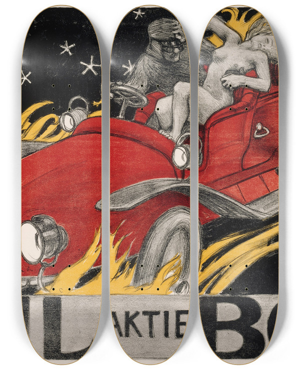 Triptych art skateboard deck of Akseli Gallenkallela Bilbol Poster For An Automobile Retailer by Akseli Gallen Kallela (1865-1931)