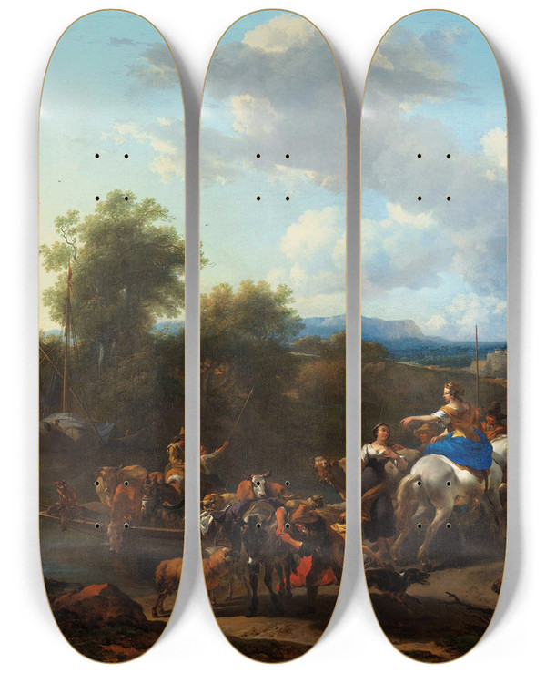 Triptych art skateboard deck of Nicolaes Pietersz Berchem The Cattle Ferry by Nicolaes Pietersz Berchem (1620-1683)