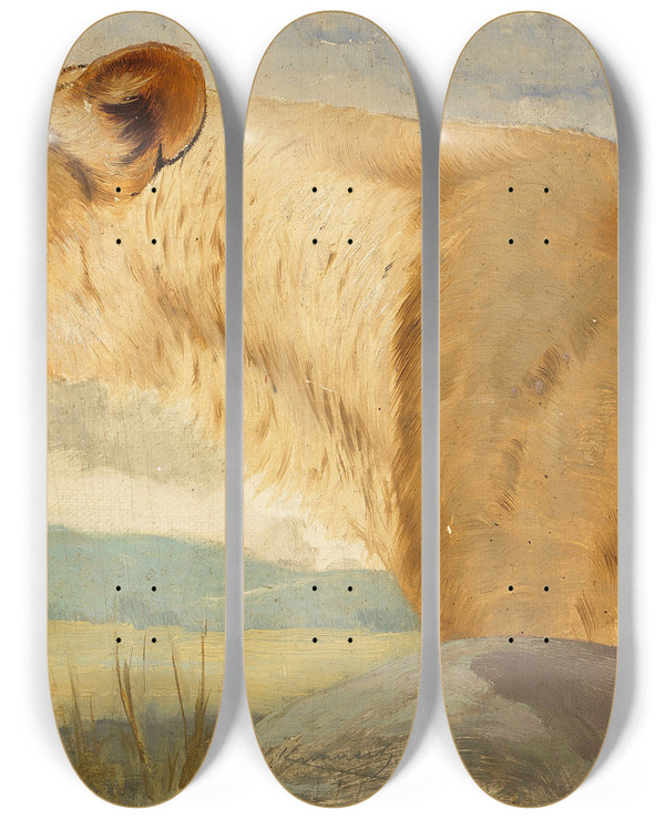 Triptych art skateboard deck of Wilhelm Kuhnert Head Of A Lioness by Wilhelm Kuhnert (1865-1926)