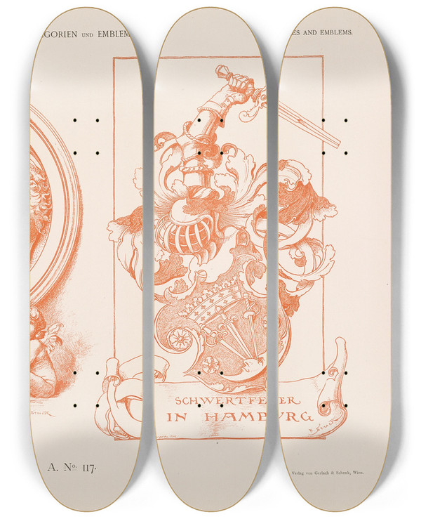 Triptych art skateboard deck of Albert Ilg Allegorien Und Embleme Vol Ii Pl127 by Albert Ilg (1847-1896)