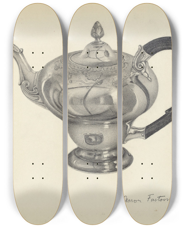 Triptych art skateboard deck of Aaron Fastovsky Silver Teapot_1 by Aaron Fastovsky
