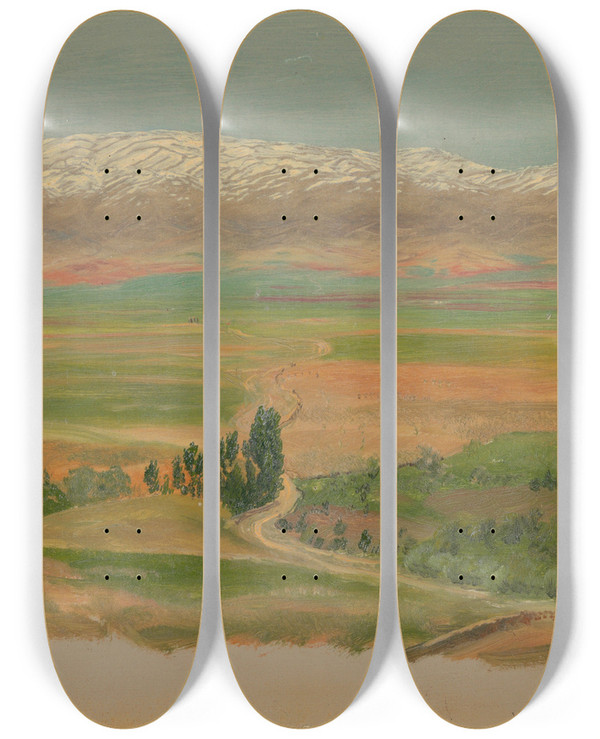 Triptych art skateboard deck of Frederic Edwin Church Mountains Near Baalbec by Frederic Edwin Church (1826-1900)