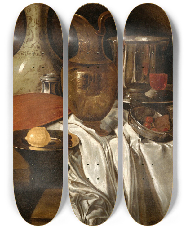 Triptych art skateboard deck of Andr Bouys Still Life With A Jug A Tray With A Lemon A Lute A Ceramic Vessel And Other Objects On A Table by Andre Bouys (1656-1740)