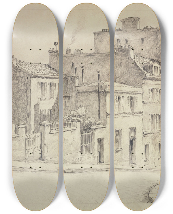 Triptych art skateboard deck of Ferdinand Boberg Place Jeanbaptiste Clment Montmartre by Ferdinand Boberg (1860-1946)