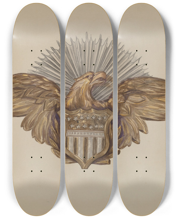Triptych art skateboard deck of Eva Wilson Eagle Emblem by Eva Wilson