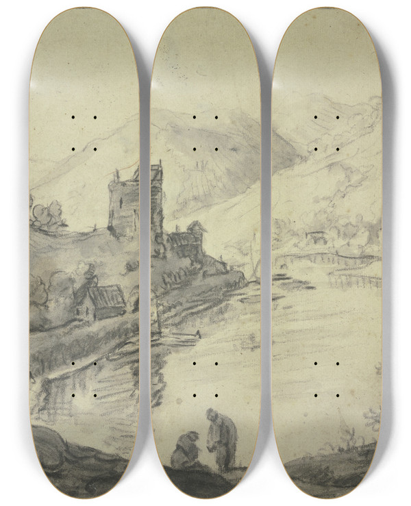 Triptych art skateboard deck of Herman Saftleven Iii Flat Landscape by Herman Saftleven Iii (1609-1685)
