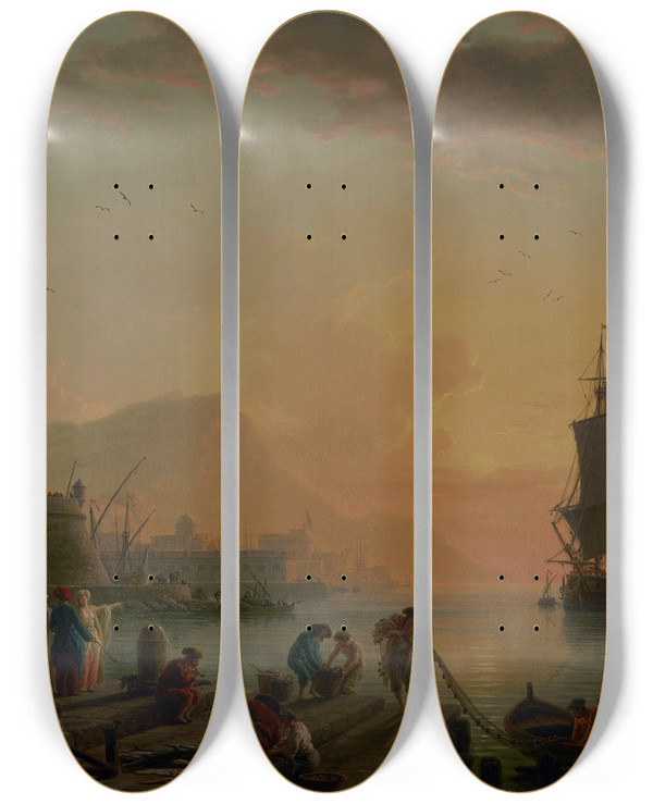 Triptych art skateboard deck of Claudejoseph Vernet A Calm At A Mediterranean Port by Claude Joseph Vernet (1714-1789)