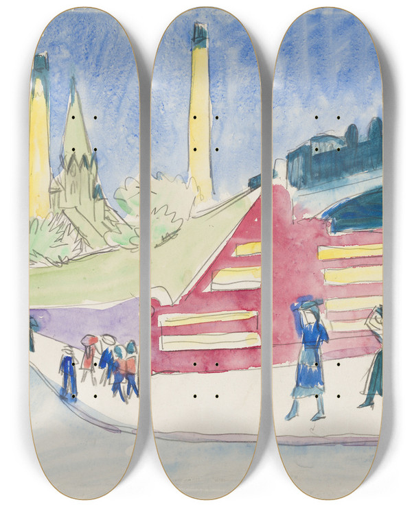 Triptych art skateboard deck of Ernst Ludwig Kirchner Bahndamm by Ernst Ludwig Kirchner (1880-1938)