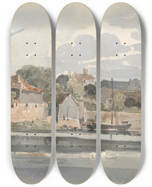 Triptych art skateboard deck of Peter Dewint View Of The Thames At Kingston by Peter Dewint (1784-1849)