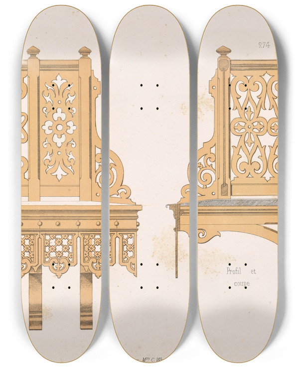 Triptych art skateboard deck of A Sanguineti La Decoration En Bois Decoupe Pl09 by A Sanguineti