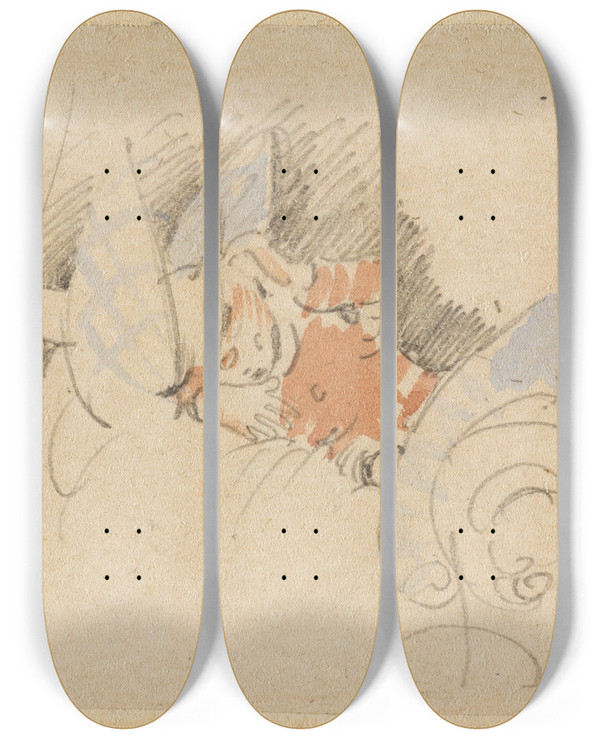 Triptych art skateboard deck of Wilhelm Busch Die Gestrte Aber Glcklich Wieder Errungene Nachtruhe Der Floh 3 by Wilhelm Busch (1832-1908)
