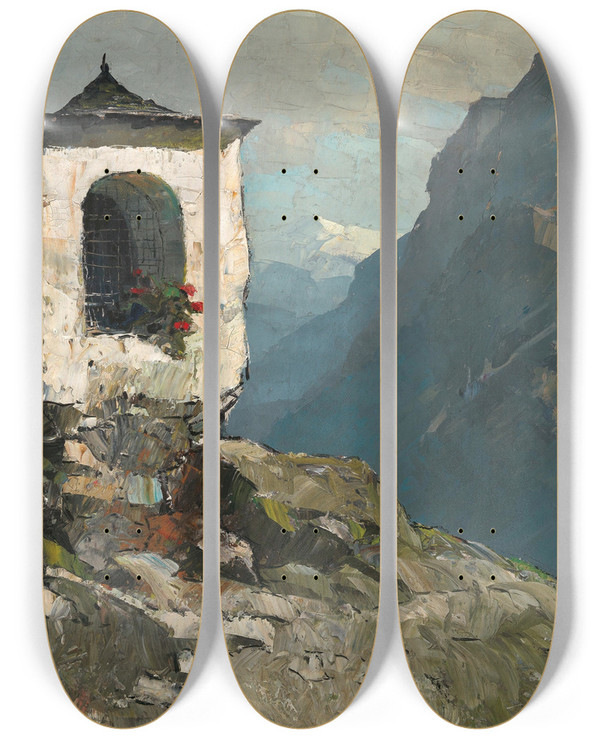 Triptych art skateboard deck of Oskar Mulley Wayside Shrine by Oskar Mulley (1891-1949)