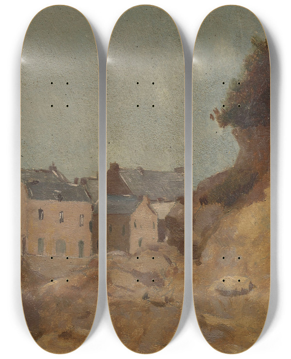 Triptych art skateboard deck of Odilon Redon Village Dans Les Bassespyrnes by Odilon Redon (1840-1916)