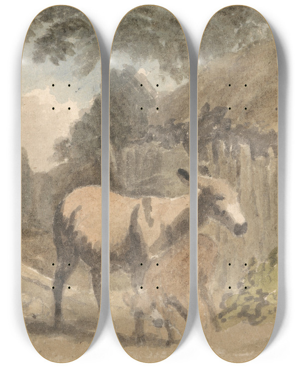 Triptych art skateboard deck of Robert Hills A Donkey And Foal by Robert Hills (1769-1844)