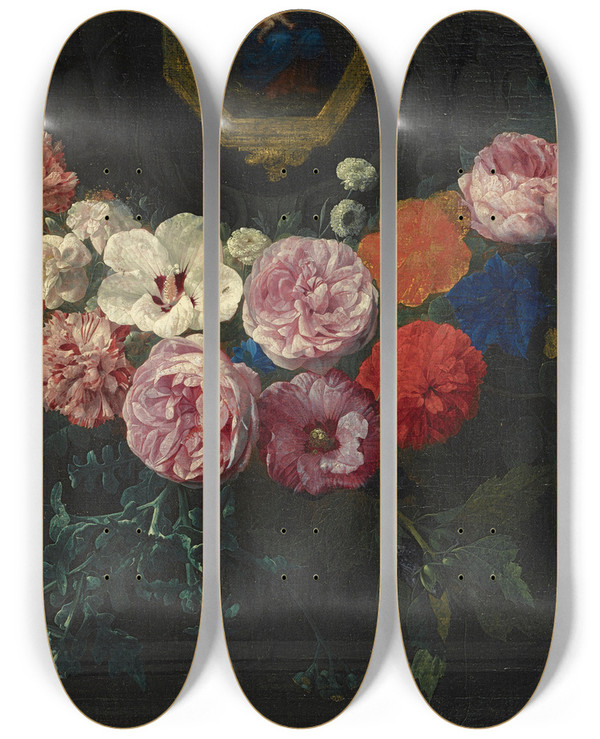 Triptych art skateboard deck of Nicolaes Van Verendael A Garland Of Flowers Surrounding A Cartouche With The Virgin And Child by Nicolaes Van Verendael (1640-1691)